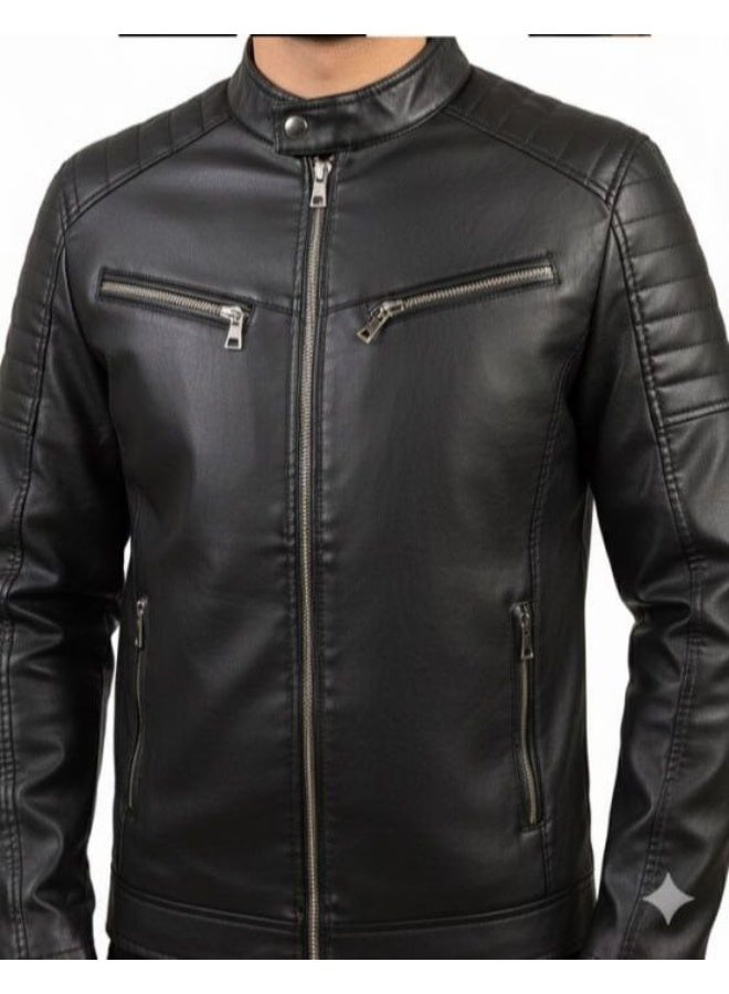 جاكت جلد طبيعي فاخر للرجال - أسود - Image 3