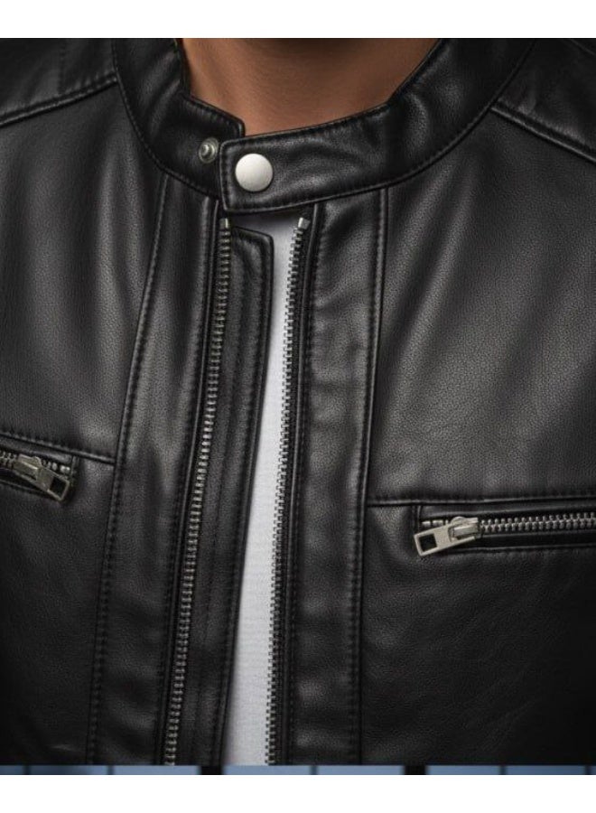 جاكت جلد طبيعي فاخر للرجال - أسود - Image 2