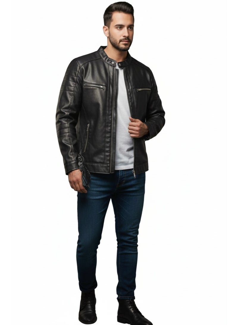 جاكت جلد طبيعي فاخر للرجال - أسود - Image 1