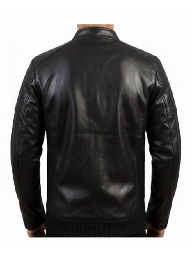 جاكت جلد طبيعي فاخر للرجال - أسود - Image 4