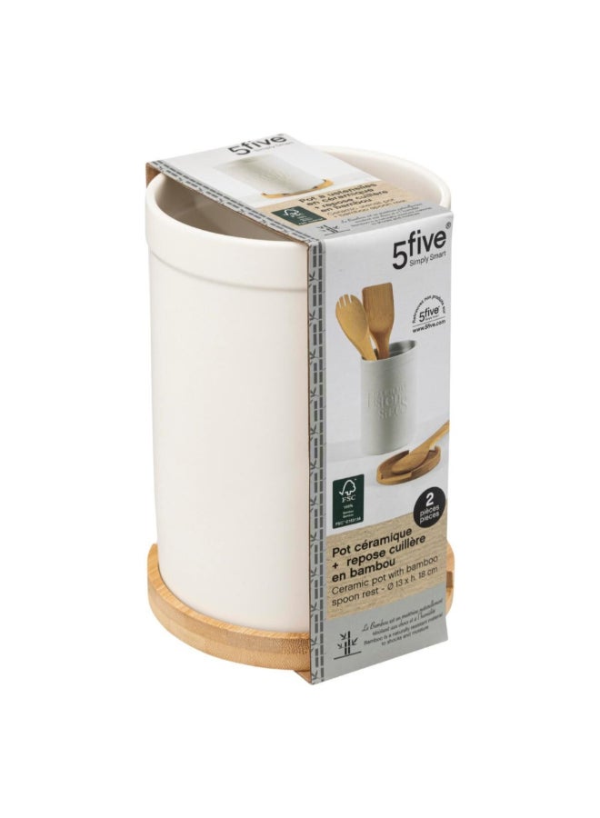 Five Simply Smart Naturéo Ceramic Utensil Pot with Bamboo Spoon Rest White and Brown 13 x 18 x 13 cm 194232A - Image 4