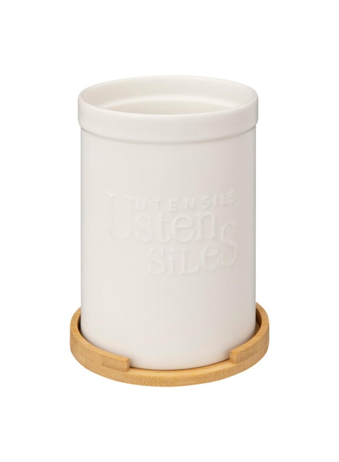 Five Simply Smart Naturéo Ceramic Utensil Pot with Bamboo Spoon Rest White and Brown 13 x 18 x 13 cm 194232A - Image 2