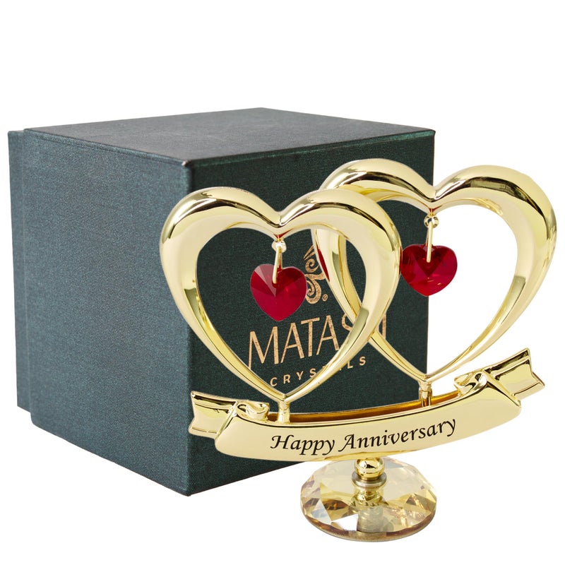 Matashi 24K Gold Plated Beautiful Happy Anniversary Double Heart Table Top Ornament Made with Genuine Red Crystals and Crystal Base - Image 2