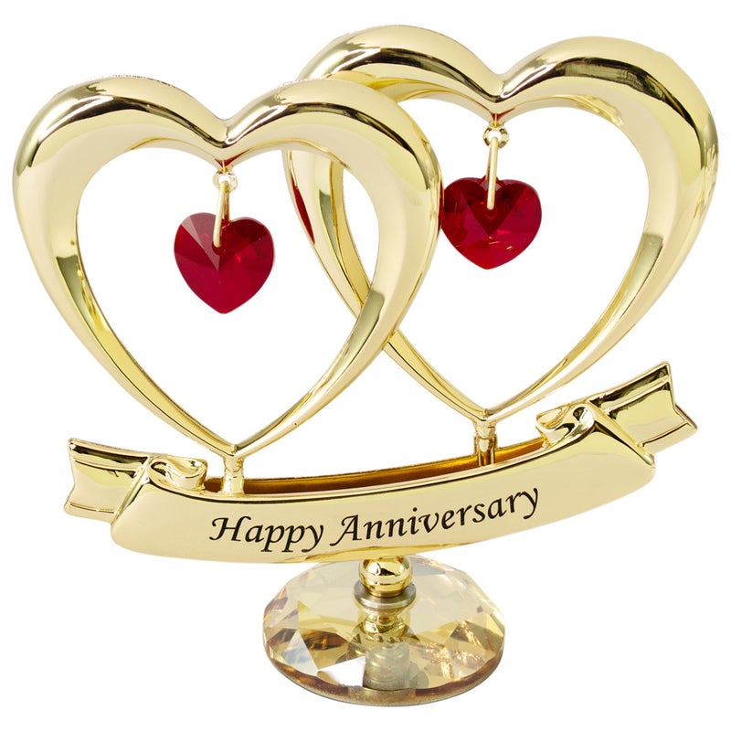 Matashi 24K Gold Plated Beautiful Happy Anniversary Double Heart Table Top Ornament Made with Genuine Red Crystals and Crystal Base - Image 1