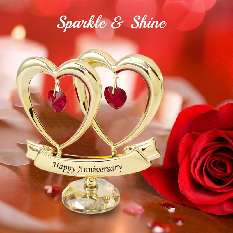 Matashi 24K Gold Plated Beautiful Happy Anniversary Double Heart Table Top Ornament Made with Genuine Red Crystals and Crystal Base - Image 4