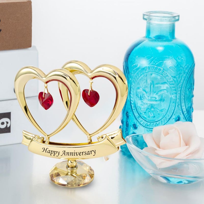 Matashi 24K Gold Plated Beautiful Happy Anniversary Double Heart Table Top Ornament Made with Genuine Red Crystals and Crystal Base - Image 3