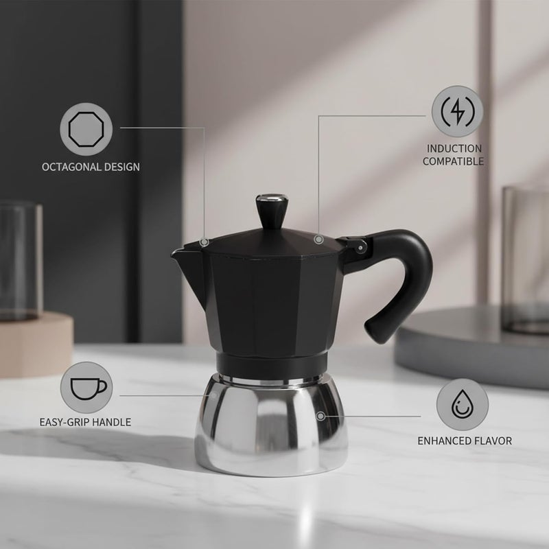 Haofy Italian Coffee Pot, Premium Aluminum Stovetop Maker with Induction Friendly Base 300ml Capacity for Gas Electric Induction Cooktops - Image 2