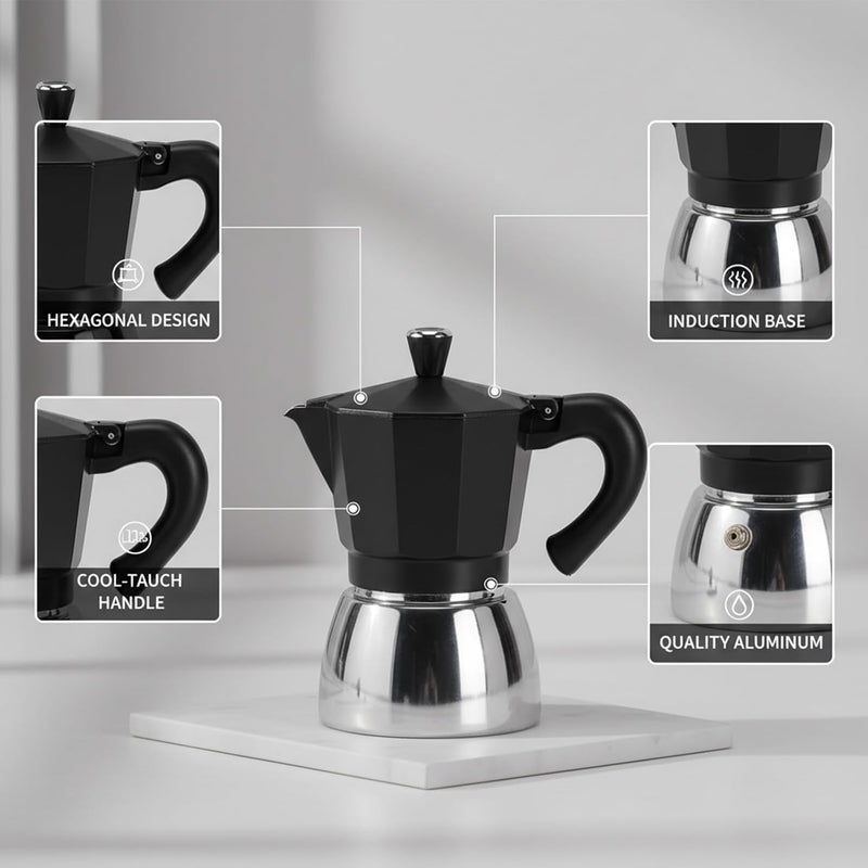 Haofy Italian Coffee Pot, Premium Aluminum Stovetop Maker with Induction Friendly Base 300ml Capacity for Gas Electric Induction Cooktops - Image 3
