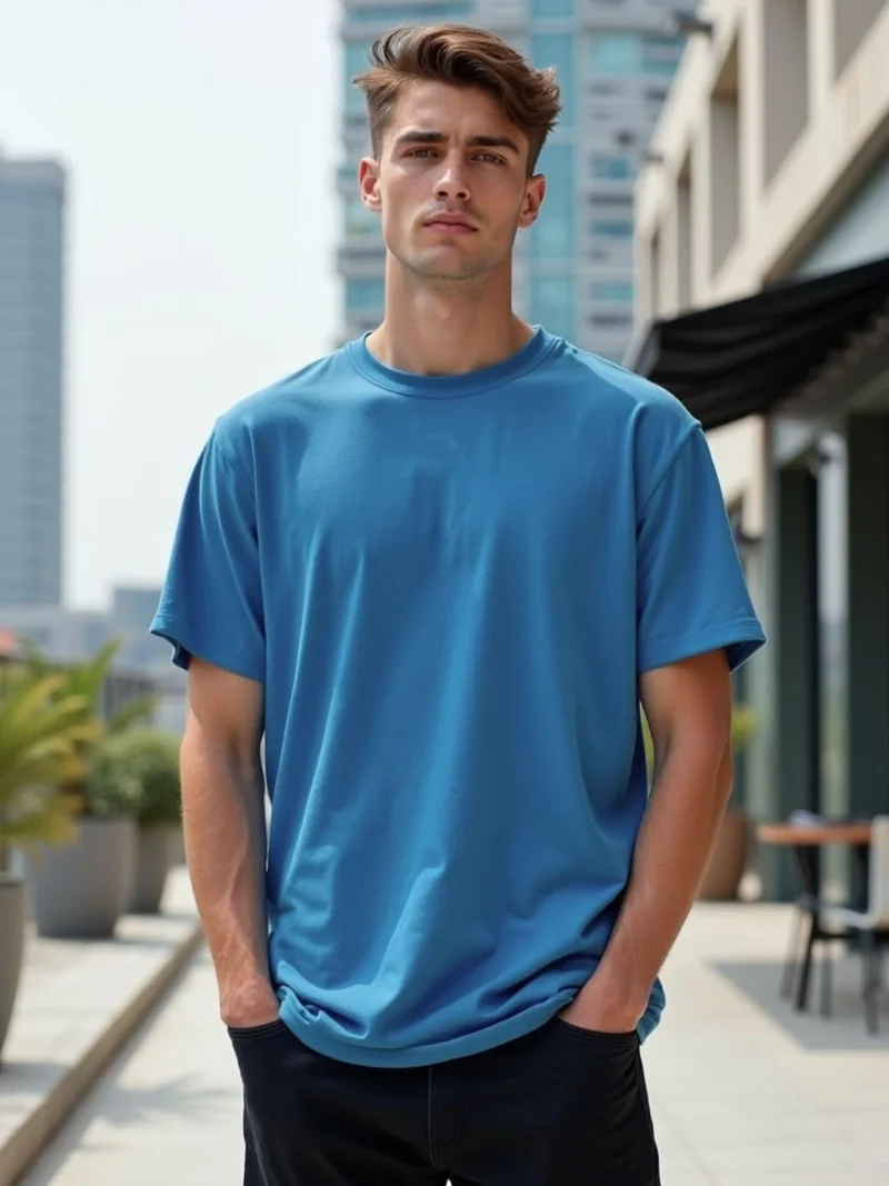 NOBERO  Men's Blue Oversized Cotton T-Shirt for Men | Best Price UAE