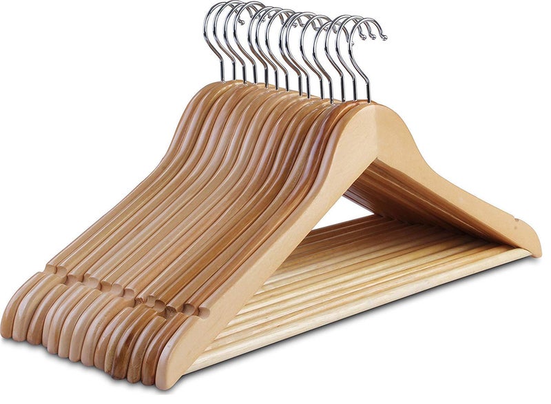 SLA HKC HOUSE 360 Degree Swivel Hook, Smooth Finishing Precise Notched Design Solid Wooden Suit/Coat Hangers for Suits, Coats, Jackets, Pants, Dresses (Natural) - Pack of 12 - Image 1