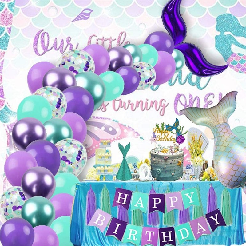 Finypa Mermaid Party Decorations for Girls Mermaid Party Supplies Mermaid Banner Mermaid Foil Balloons Latex Garland & Arch Kit Paper Tassel Cake Toppers Under The Sea Blue & Purple Nautical Decor - Image 1