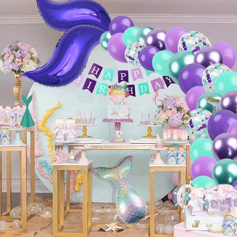 Finypa Mermaid Party Decorations for Girls Mermaid Party Supplies Mermaid Banner Mermaid Foil Balloons Latex Garland & Arch Kit Paper Tassel Cake Toppers Under The Sea Blue & Purple Nautical Decor - Image 2