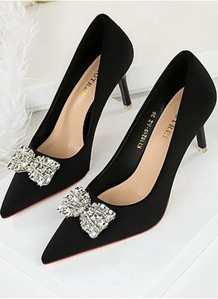 BIGTREE Women's Satin Closed Pointed Toe Stiletto Pump Rhinestone Bowknot Decoration High Heels Black 7.5 CM  - Image 1