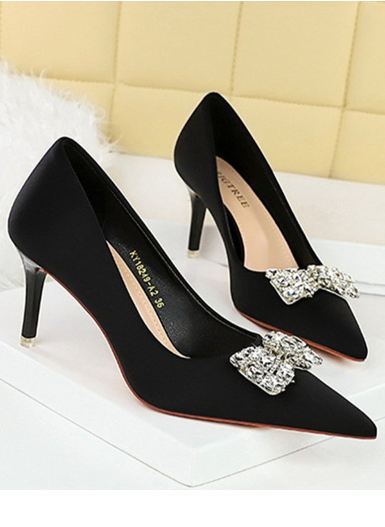 BIGTREE Women's Satin Closed Pointed Toe Stiletto Pump Rhinestone Bowknot Decoration High Heels Black 7.5 CM  - Image 2