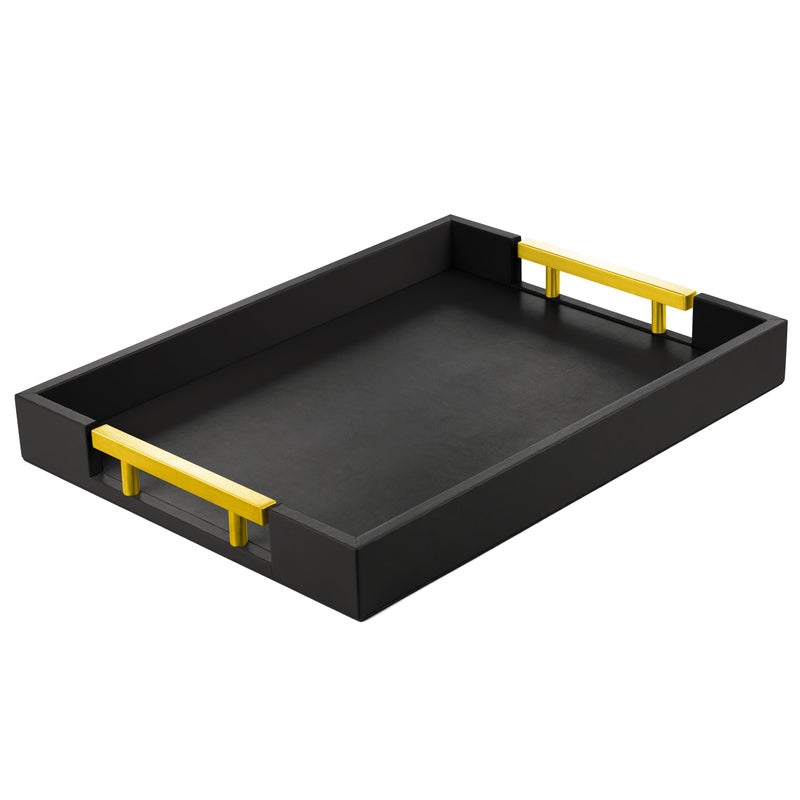 ATZYmolin Leather Serving Tray with Gold Polished Metal Handles Home Decorative Wooden Rectangle Ottoman Decor Platter Bathroom Vanity Tray for All Occasions Black - Image 2