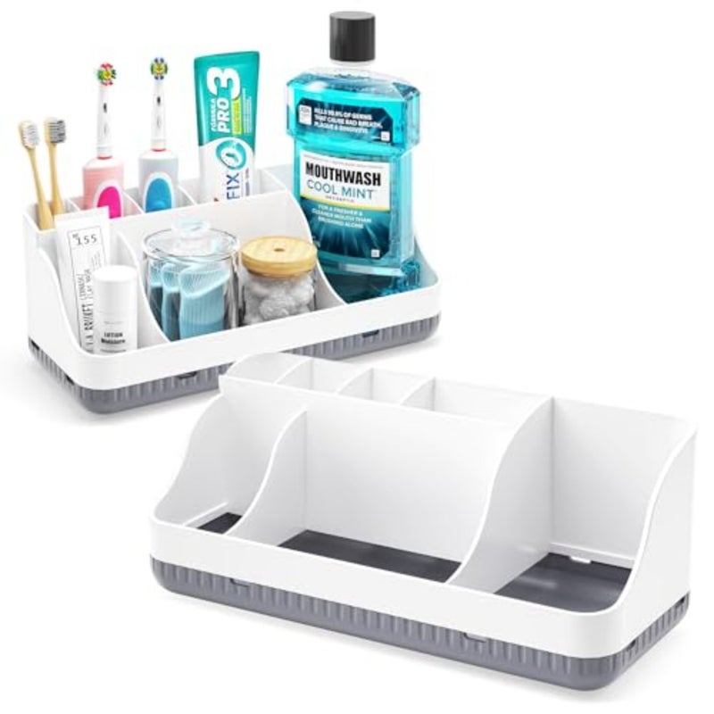Bathroom Counter Organizer and Storage, 7 Slots Detachable Toothbrush Holders for Bathrooms, Anti-Slip Electric Toothbrush and Toothpaste Holder Countertop Vanity Organizer Accessories for Adults