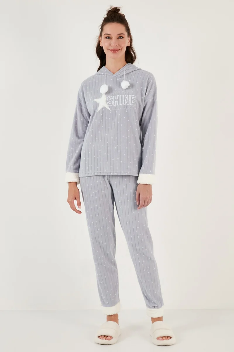 Lela Patterned Regular Fit Hooded Fleece Pajama Set Women's Pajama Set 6571004