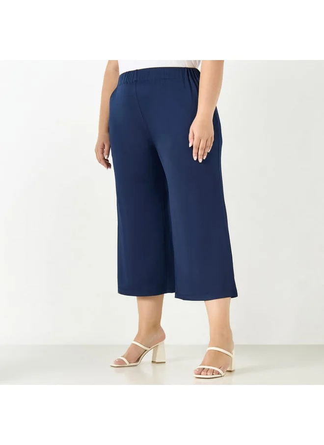 Ulla Popken Plus Size Ulla Popken Solid Culottes with Elasticated Waistband and Pockets