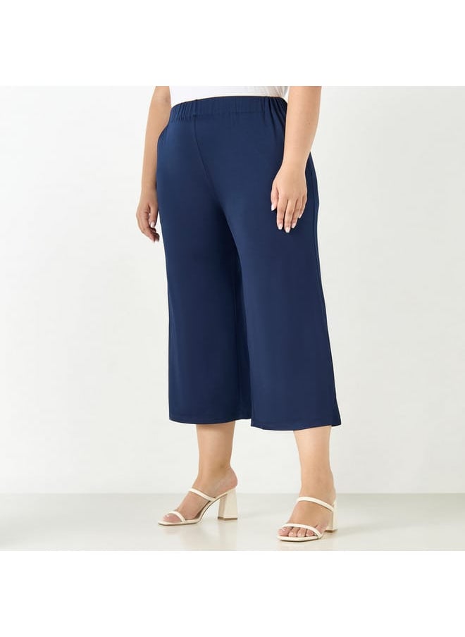 Ulla Popken Plus Size Ulla Popken Solid Culottes with Elasticated Waistband and Pockets  - Image 1