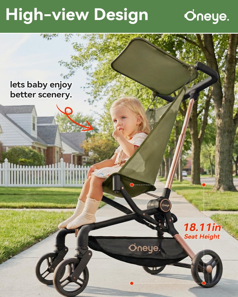 Oneye Travel Stroller for Airplane, Ultra Lightweight Baby Stroller for Toddlers with Canopy, Foldable & Compact Strollers with Jumbo Seat & Large Storage Basket,10.19lb,Stable & One-Hand Fold, Green - Image 5