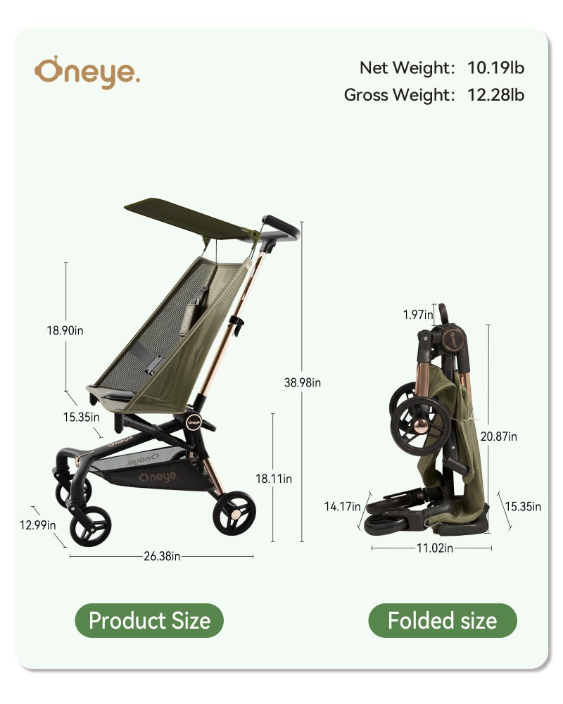 Oneye Travel Stroller for Airplane, Ultra Lightweight Baby Stroller for Toddlers with Canopy, Foldable & Compact Strollers with Jumbo Seat & Large Storage Basket,10.19lb,Stable & One-Hand Fold, Green - Image 2