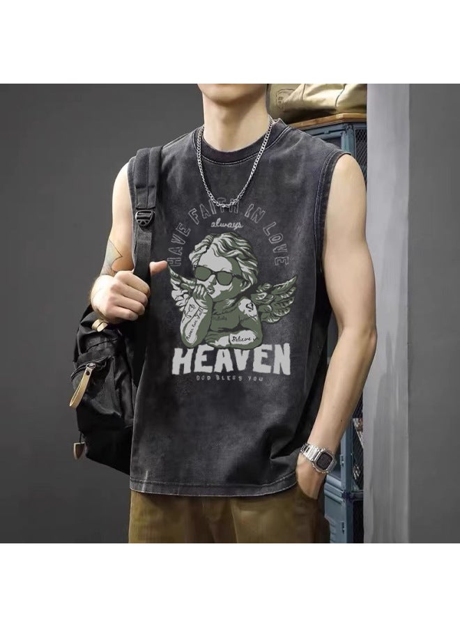 American High Street Retro Washed Distressed Sports Vest Trendy Brand Sleeveless T-shirt Loose Casual Fitness Short Sleeve