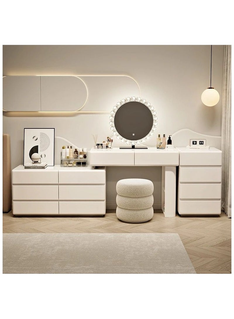 Modern Luxury White Dressing Table Set with LED Lighted Mirror and Storage Drawers. Women's Bedroom Vanity Desk, Dresser Makeup Table.