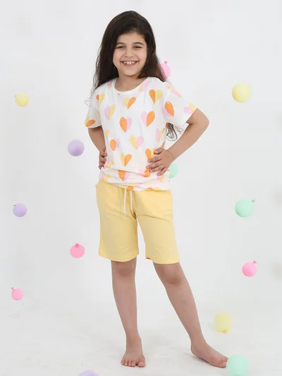 Luggi Baby Girl Heart Patterned Shorts Set 2-7 Years Yellow