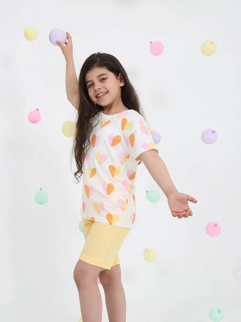 Luggi Baby Girl Heart Patterned Shorts Set 2-7 Years Yellow