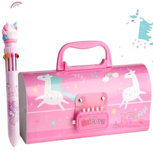 Rahasya Enterprise Pen & Pencil Box-Suitcase Style Password Lock Pencil Case,Multi-Layer Pencil Box for Kids, Boys, Girls, Stationary Organizer Case for Kids (Pink Unicorn Pen & Pencil Box) - Image 1