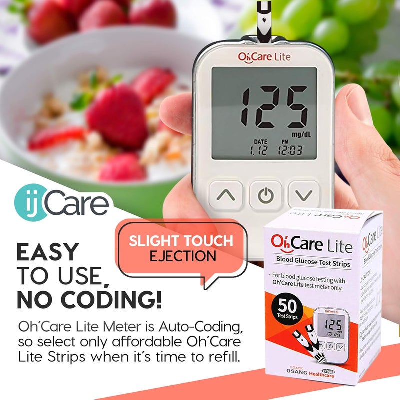 ijCare جهاز قياس سكر الدم OhCare Lite شرائط اختبار الجلوكوز وإبر الوخز لاختبار الدم مستلزمات السكري دقيقة وبأسعار معقولة 50 شريط 100 إبرة - Image 2