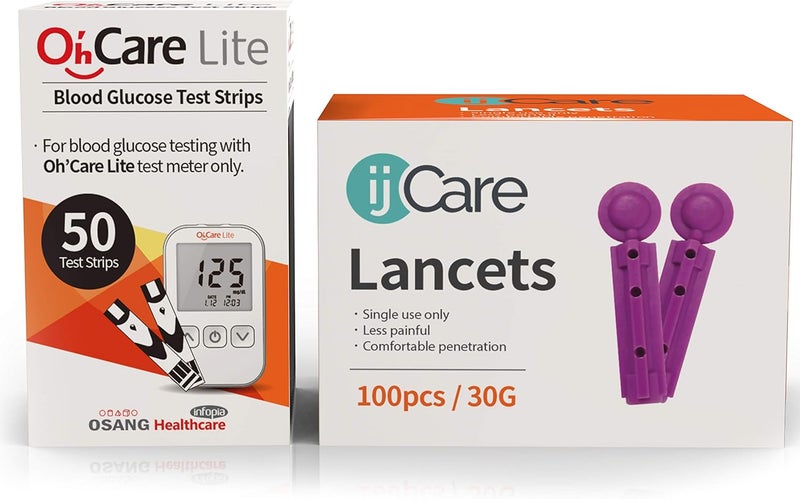 ijCare جهاز قياس سكر الدم OhCare Lite شرائط اختبار الجلوكوز وإبر الوخز لاختبار الدم مستلزمات السكري دقيقة وبأسعار معقولة 50 شريط 100 إبرة - Image 1