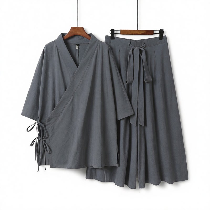 Men's Linen Hanfu Taoist Robe Two-Piece Set Chinese Style Tang Suit Outerwear - Image 1