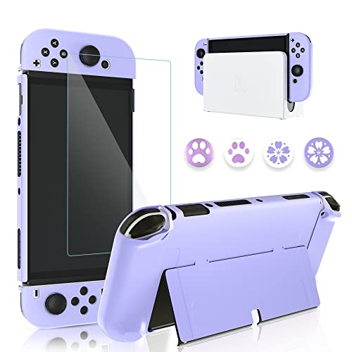 GLDRAM Case for Nintendo Switch OLED Model 2021 with Screen Protector and 4 PCS Thumb Caps, Protective Hard Cover for Switch OLED Console & JoyCon - Ultra-Slim & Flip Shell (Purple) - Image 1