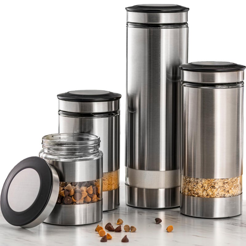 Le'raze Airtight Glass Canister Set of 4 with Stainless Steel Sleeve for Kitchen Counter - Food Storage Containers with Glass Window and Airtight Lids - Pantry Storage and Organization Set - Image 1