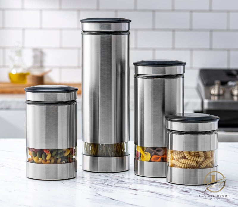 Le'raze Airtight Glass Canister Set of 4 with Stainless Steel Sleeve for Kitchen Counter - Food Storage Containers with Glass Window and Airtight Lids - Pantry Storage and Organization Set - Image 4