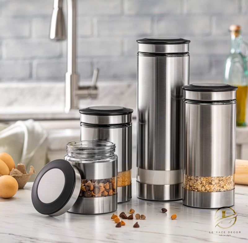 Le'raze Airtight Glass Canister Set of 4 with Stainless Steel Sleeve for Kitchen Counter - Food Storage Containers with Glass Window and Airtight Lids - Pantry Storage and Organization Set - Image 3