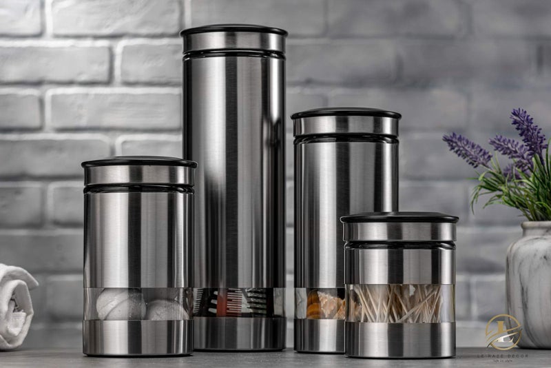 Le'raze Airtight Glass Canister Set of 4 with Stainless Steel Sleeve for Kitchen Counter - Food Storage Containers with Glass Window and Airtight Lids - Pantry Storage and Organization Set - Image 2
