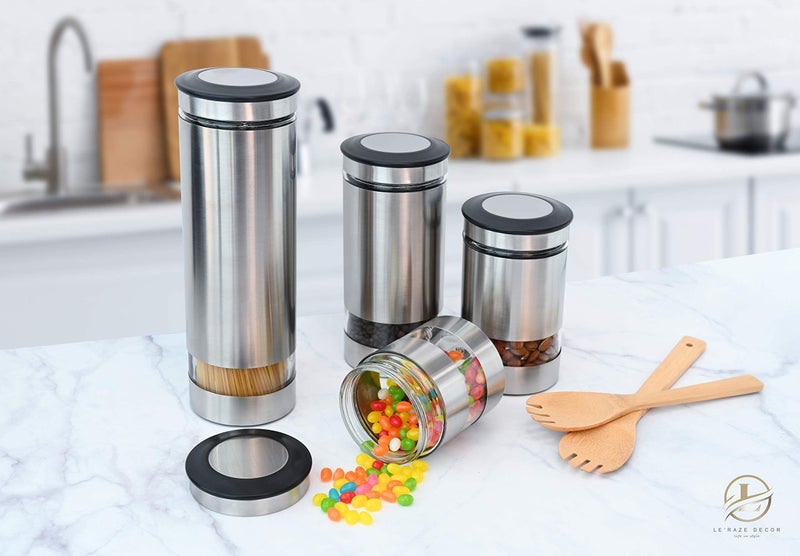 Le'raze Airtight Glass Canister Set of 4 with Stainless Steel Sleeve for Kitchen Counter - Food Storage Containers with Glass Window and Airtight Lids - Pantry Storage and Organization Set - Image 5