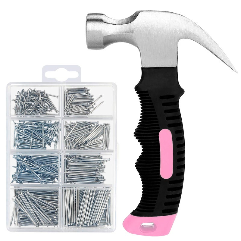 KURUI 700PCs Small Nails for Hanging Pictures & 8oz Small Hammer for Women, Pink Tool for Hanging Canvas Wall Art/Tapestry/Frame, Hardware Nails Assortment Kit for Living Room/Bedroom/Outdoor Decor - Image 1