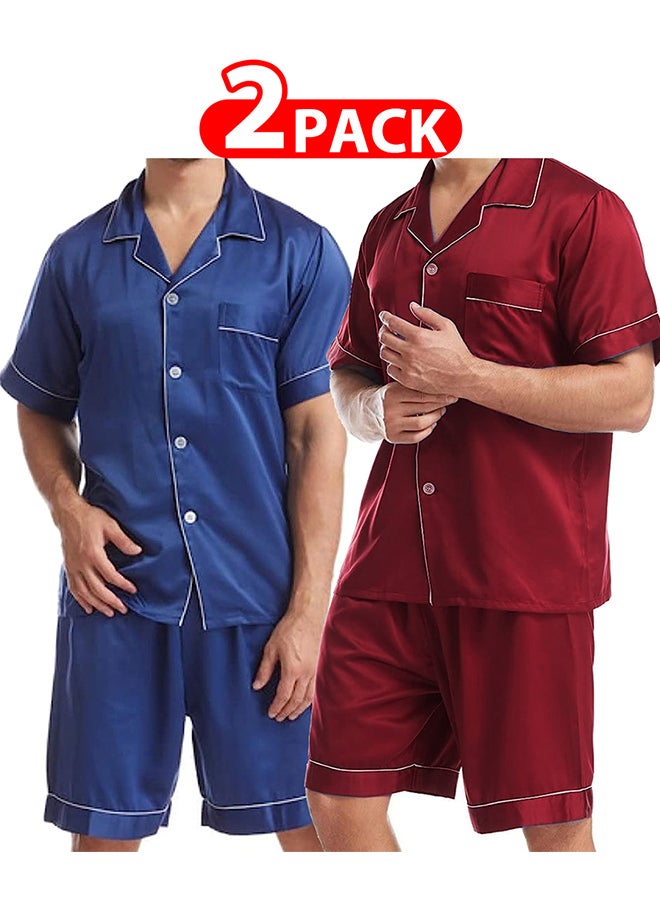 MARGOUN 2 Pack Small Size Mens 2pcs Summer Soft Pyjamas Set Short Sleeve Button Down Shirt With Boxer Shorts /(Shirt Length 28''/Shirt Chest 21''/Pajama Length 18''/Pajama Waist 27'') - Image 1