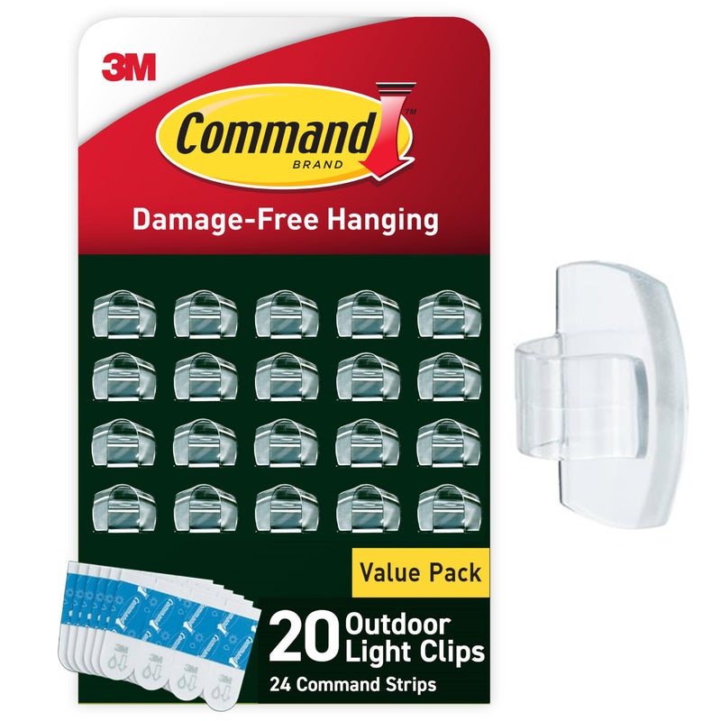 Command Outdoor Light Clips, 20 Clear Organizers and 24 Strips, Damage-Free Hanging with Weather Resistant Adhesives, Hooks for Outdoor String Lights - Image 1
