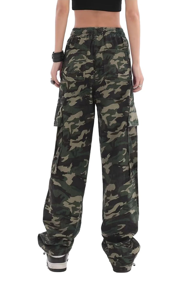 SESERAGI Cargo Pants Women Baggy Streetwear Y2K Drawstring Trousers Wide Leg Pants Camouflage L - Image 3