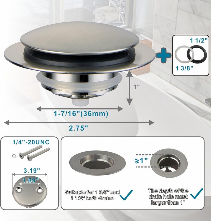 WELSAN Brushed Bathtub Stopper Tub Drain, Universal Pop Up Tub Drain Stopper Replacement Tip Toe, Lift and Turn with 2-Hole Overflow Face Plate Cover and EZ Bath Tub Plug (Brushed Nickel) - Image 3