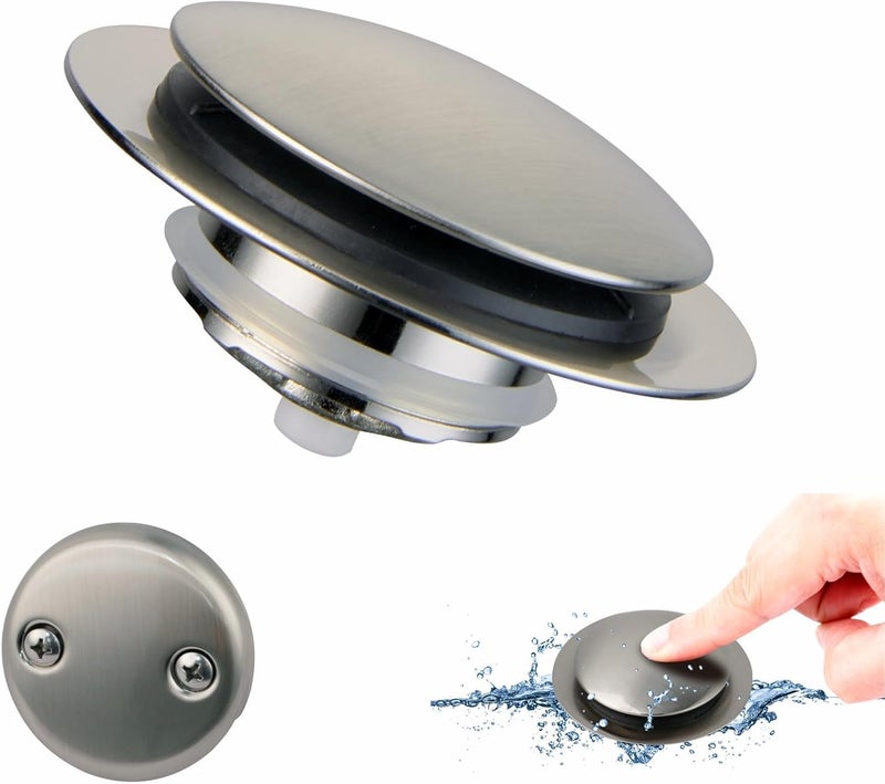 WELSAN Brushed Bathtub Stopper Tub Drain, Universal Pop Up Tub Drain Stopper Replacement Tip Toe, Lift and Turn with 2-Hole Overflow Face Plate Cover and EZ Bath Tub Plug (Brushed Nickel) - Image 1