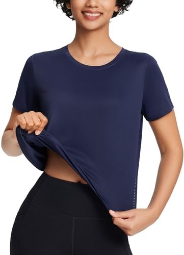 baleaf Womens Athletic Sun Shirts Short Sleeve Running Tops Workout Cropped Split Back Gym UPF 50 Quick Dry Lightweight Sun Protection Navy M - Image 3