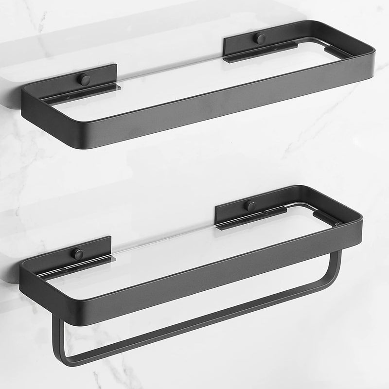 VOLPONE Bathroom Wall Shelf Black Glass Shelves 15.7in Bathroom Shelves with Towel bar Towel Shelf Wall Mounted 2 Tier - Image 1
