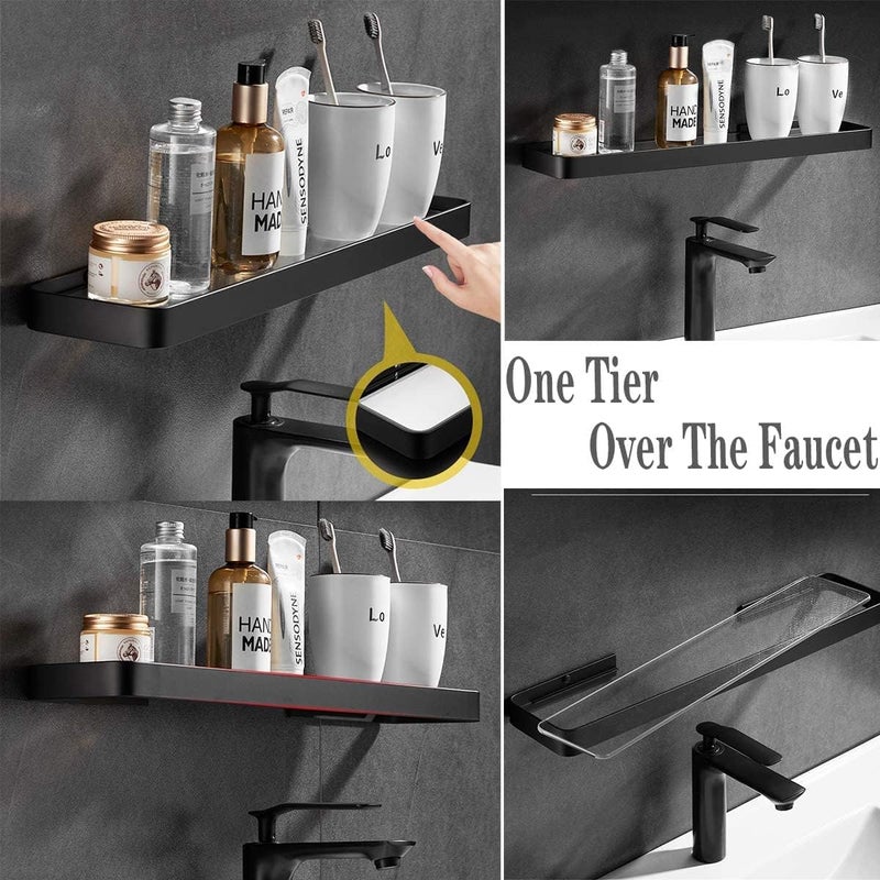 VOLPONE Bathroom Wall Shelf Black Glass Shelves 15.7in Bathroom Shelves with Towel bar Towel Shelf Wall Mounted 2 Tier - Image 4