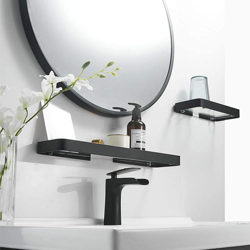 VOLPONE Bathroom Wall Shelf Black Glass Shelves 15.7in Bathroom Shelves with Towel bar Towel Shelf Wall Mounted 2 Tier - Image 2