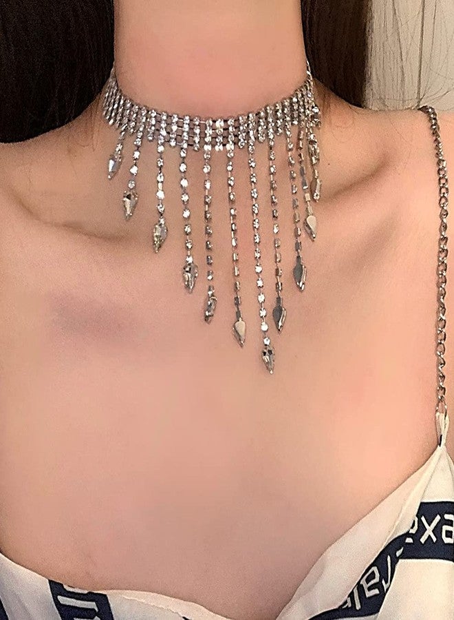 Wiwpar Sparkly Tennis Choker Necklaces Rhinestone Tassel Necklace Dainty Tennis Chain Necklace Party Accessories for Women - Image 2